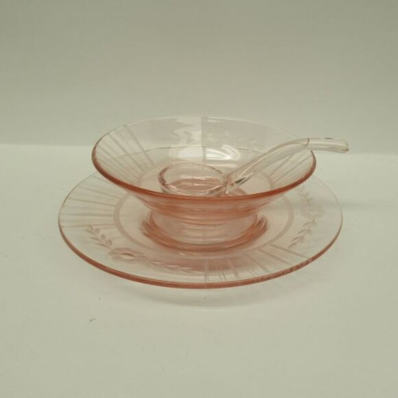 Vintage Depression Glass Pink ETCHED 3-Piece Mayonnaise Set - Picture 2 of 4